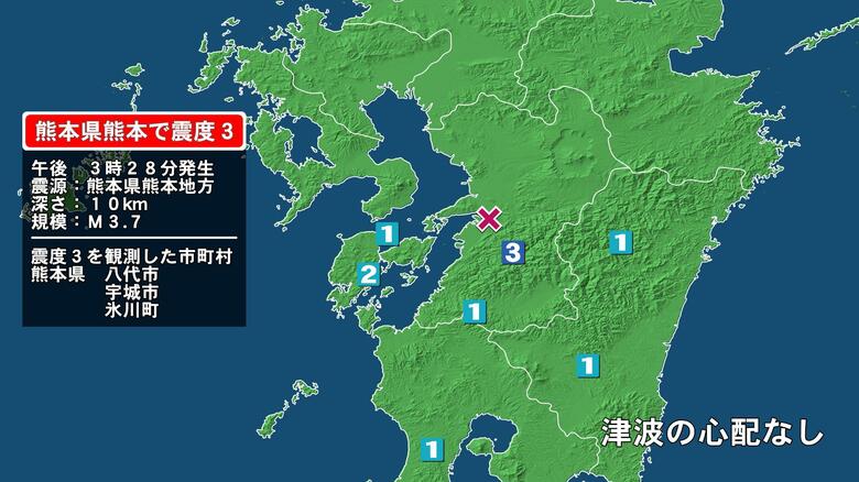 熊本県で最大震度3の地震　熊本県・八代市、宇城市、氷川町｜FNNプライムオンライン