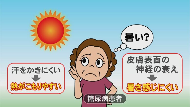 汗をかきづらく…糖尿病患者は熱中症リスクが“約1.4倍” 皮膚の神経が衰えて暑さを感じにくいという注意点も｜FNNプライムオンライン