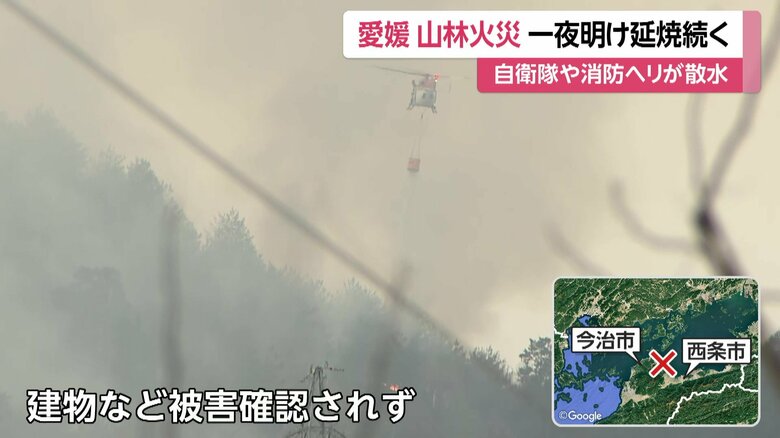 自衛隊や消防のヘリが散水し、消火活動にあたっている