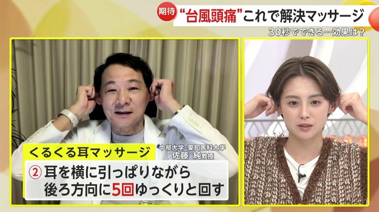 ②耳を横に引っぱりながら後ろ方向に5回ゆっくりと回す