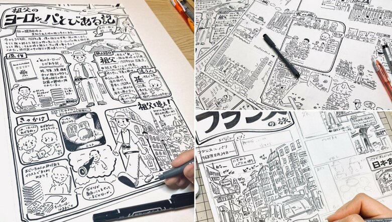 祖父の世界旅行を題材とした作品の制作の様子