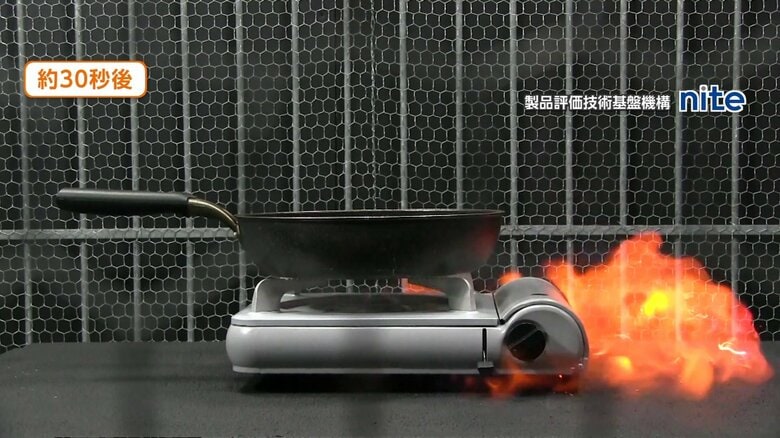 劣化したガス缶を使った実験では、着火から約30秒でガス缶に引火した