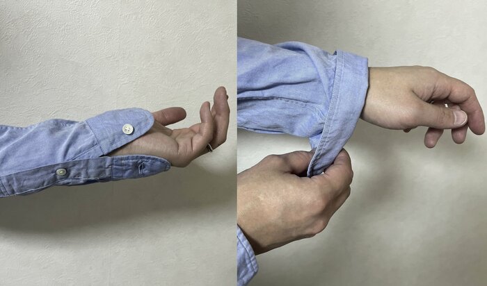 袖口のボタンを外して半分の幅でまくるのがコツ（特集班撮影）