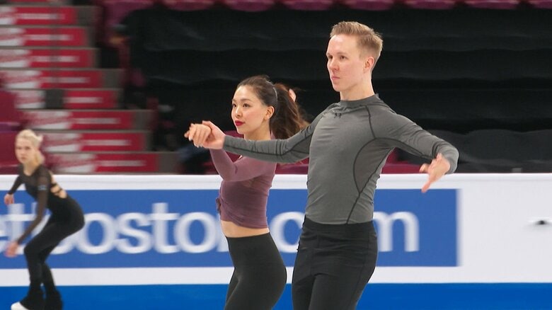 世界選手権で公式練習を行う折原裕香＆ユホ・ピリネン組