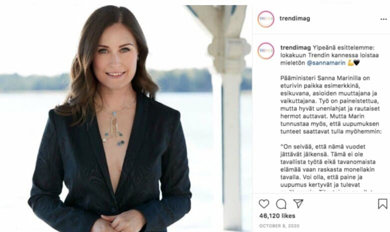 物議を醸した“素肌ジャケット”姿のマリン首相（雑誌「トレンディ」インスタグラムより）