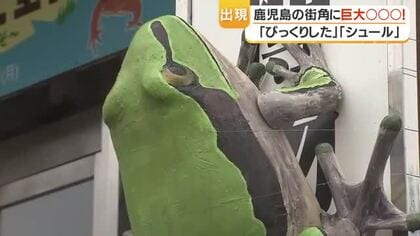 巨大アマガエル出現　鹿児島市の県立博物館前に全長約1メートルの手作りオブジェ展示中