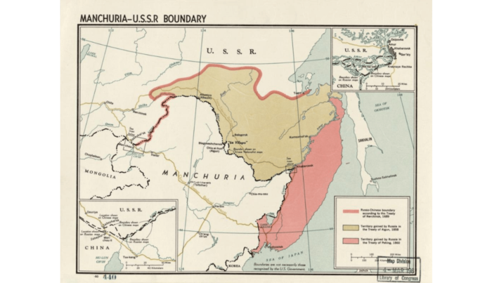 ロシアに割譲させられた旧清朝領(ピンクと黄土色の部分 Library of Congressより)