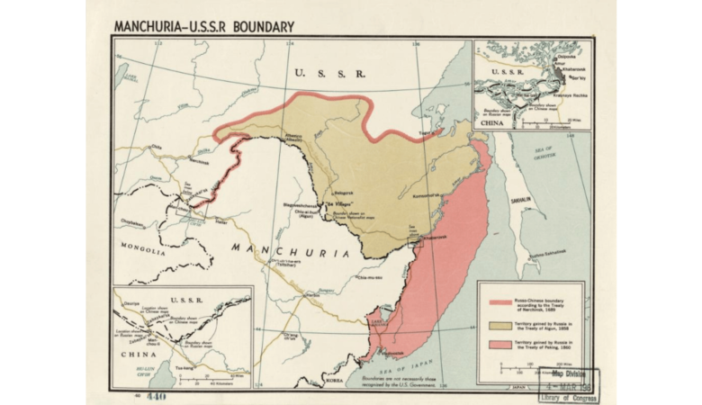 ロシアに割譲させられた旧清朝領(ピンクと黄土色の部分 Library of Congressより)