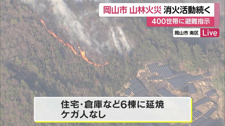 23日の山林火災の様子。山すそにある住宅や倉庫などにも延焼した（岡山市）