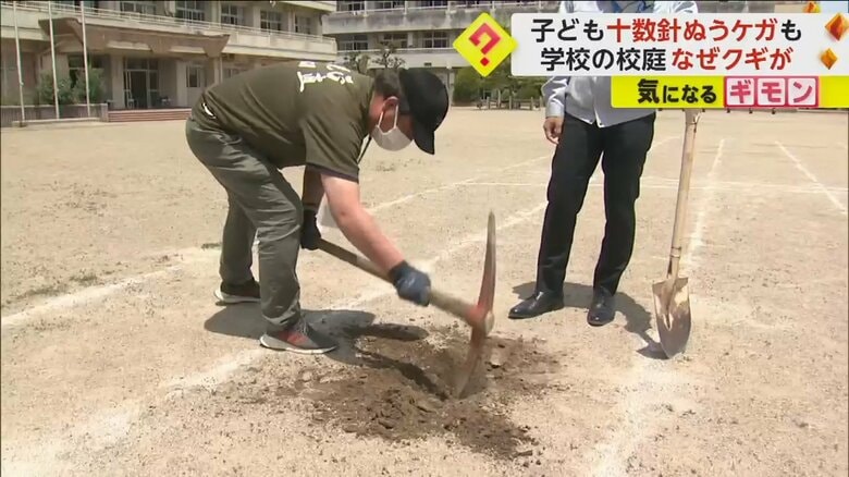 ツルハシのようなもので校庭を掘る男性