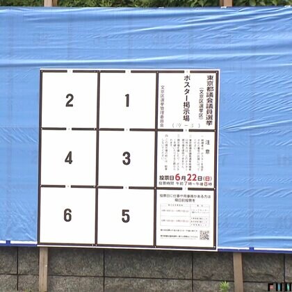 【なぜ】“大きすぎる掲示板”が話題に…ブルーシートで覆われ都議選と参院選で共用「まだ準備中なのかな」　校門挟んで両脇に2つの巨大掲示板にも疑問の声