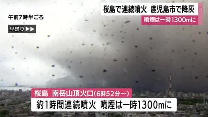 桜島で約1時間の連続噴火　鹿児島市街地で降灰