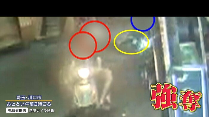 自転車の前かごに手を伸ばして、素早く荷物を強奪する