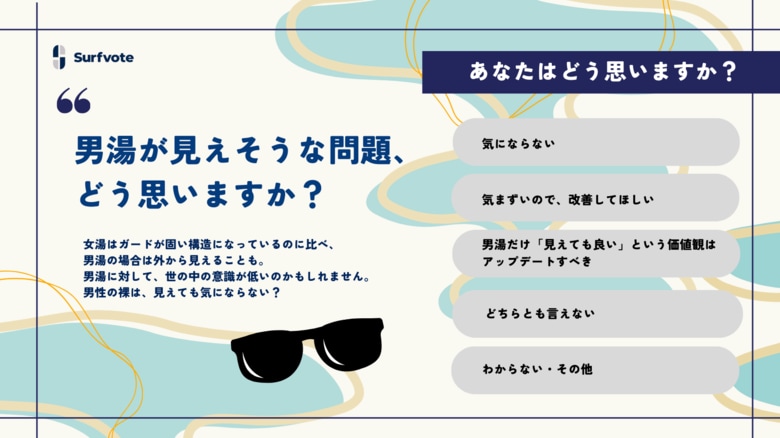 【男湯がときどき見えそうな問題、どう思いますか?】Surfvoteで意見を募集中!