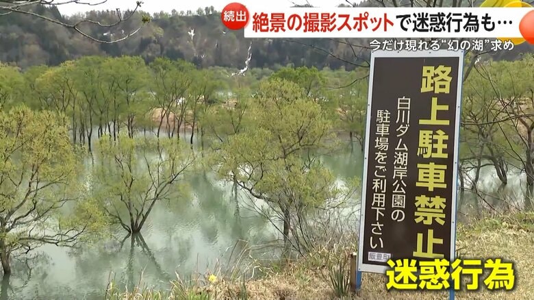 路上駐車禁止と書かれた白川湖周辺の道路に設置された看板