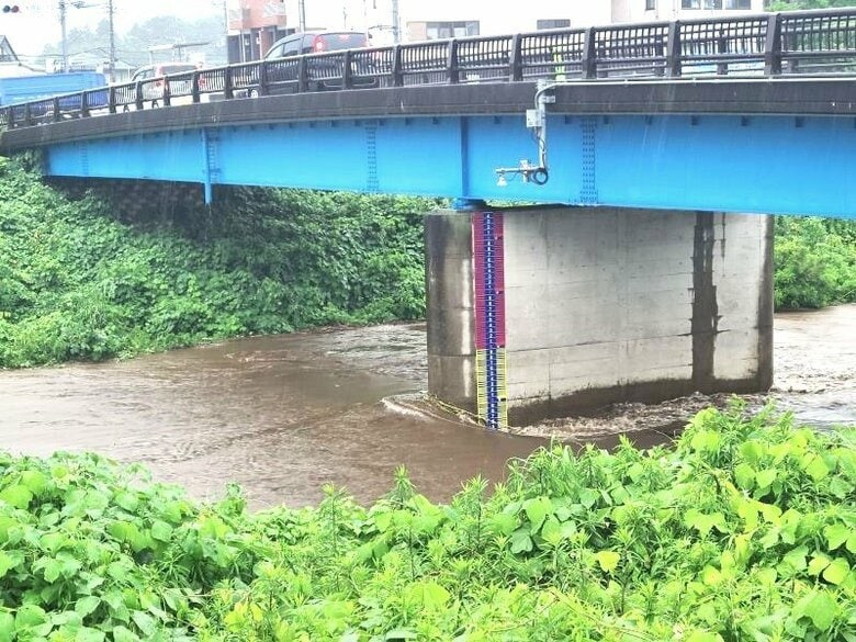 黄色と赤の境界線が「避難判断水位」　レベル3「高齢者等避難」の目安　（三島市中の大場川　6月18日）