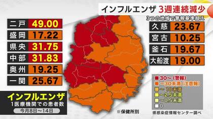 インフルエンザ、3つの地域で警報基準超え　減少傾向でも引き続き感染対策を　岩手県