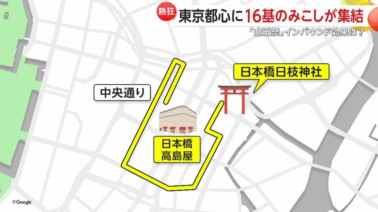 メインイベントは京橋から日本橋まで約1kmを練り歩く16基の神輿の大行進
