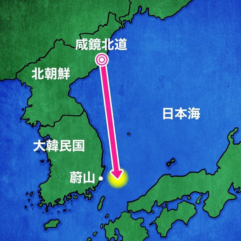 北朝鮮「戦略巡航ミサイル」の発射ポイントと弾着ポイントをプロットした地図。巡航ミサイルなので飛行経路は蛇行している可能性有り。