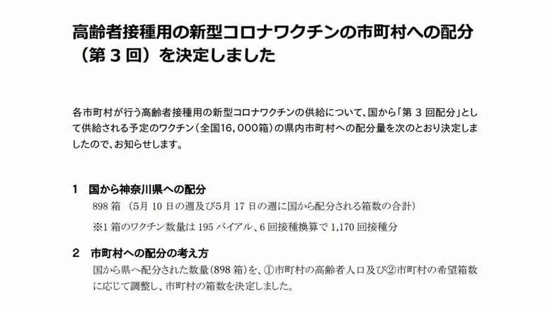 神奈川県 高齢者接種用の新型コロナワクチンの第3回市町村配分を決定