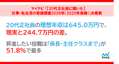 マイナビ「【20代正社員に聞いた】仕事・私生活の意識調査2026年（2025年実績）」を発表
