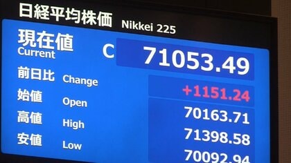日経平均株価が終値で初の7万円超え　米イラン戦闘終結に期待感　6万円超えからわずか約1カ月半