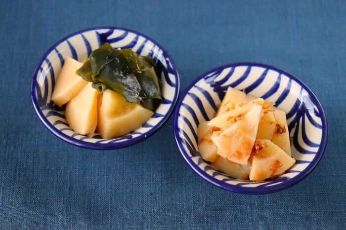 左はわかめ×たけのこの相性がいい「若竹煮」。右はかつお節をきかせた「土佐煮」
