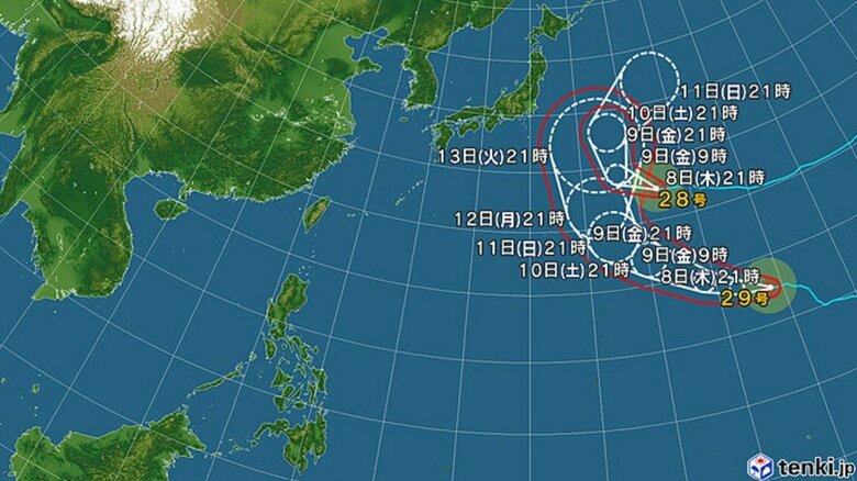 【台風情報】ダブル台風の進路予想　台風28号は10日午後9時には日本の東に達する見込み　強い台風29号は11日午後9時には強い勢力で小笠原近海に達する予想｜FNNプライムオンライン