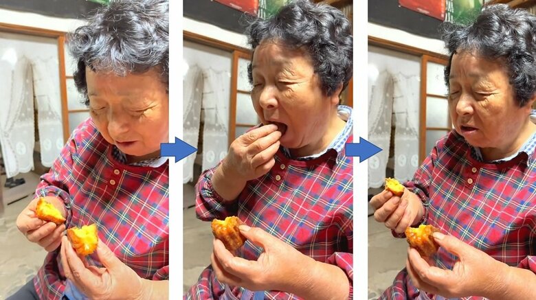 2つに割って食べてみると…「婆ちゃんには合わないね」と辛口な感想