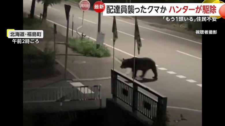 視聴者が自宅の窓越しに撮影した、深夜に道路を横断するクマ（18日、北海道・福島町）　③