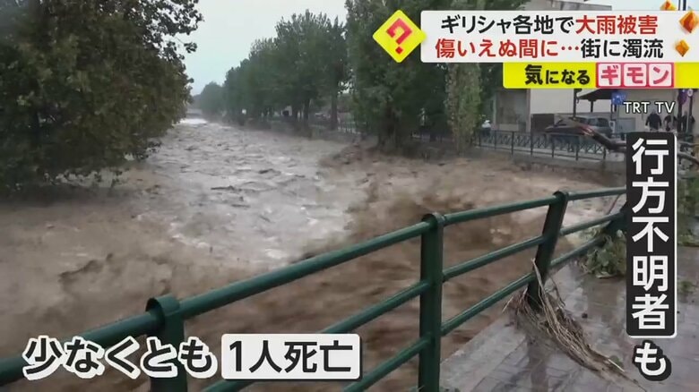 激しい勢いで街の中を流れる濁流