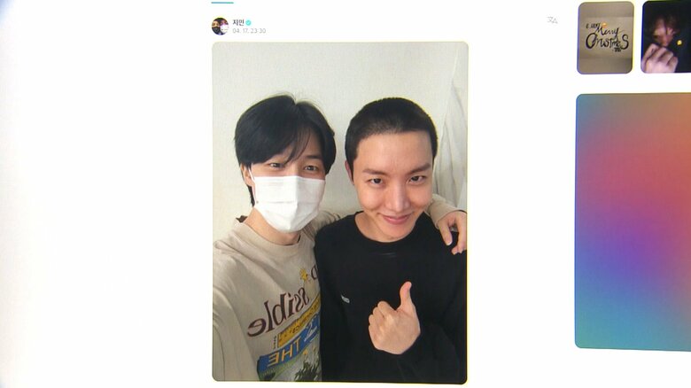 JIMINさん（左）が投稿した、J-HOPEさんとの2ショット写真