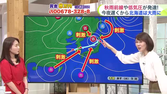 北海道【菅井さんの天気予報 1日(火)】ダブル台風に刺激され秋雨前線が活発!今夜遅くから道南は最大120ミリの大雨…低地の浸水にも警戒を