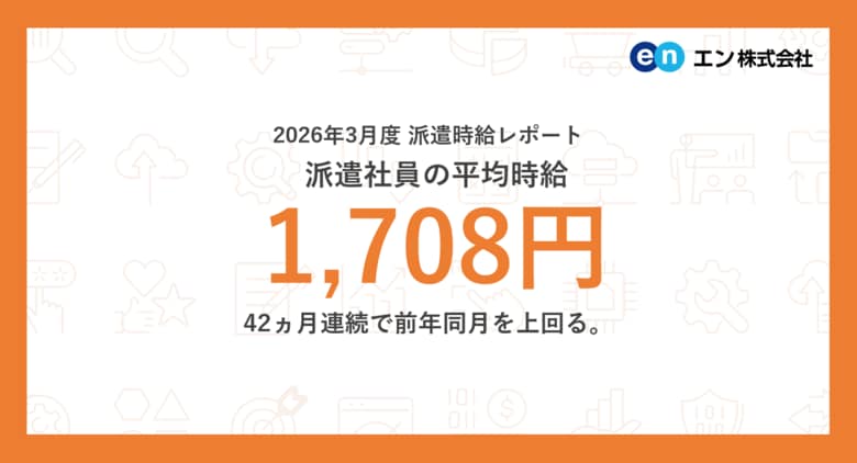 2026年3月度 派遣社員の平均時給は1,708円。42ヵ月連続で前年同月を上回る。