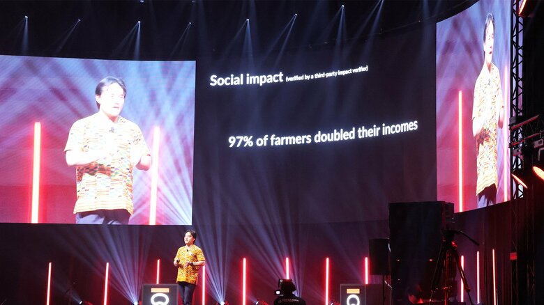プレゼンでは「去年97％の農家の収入を倍に」させたことも触れた