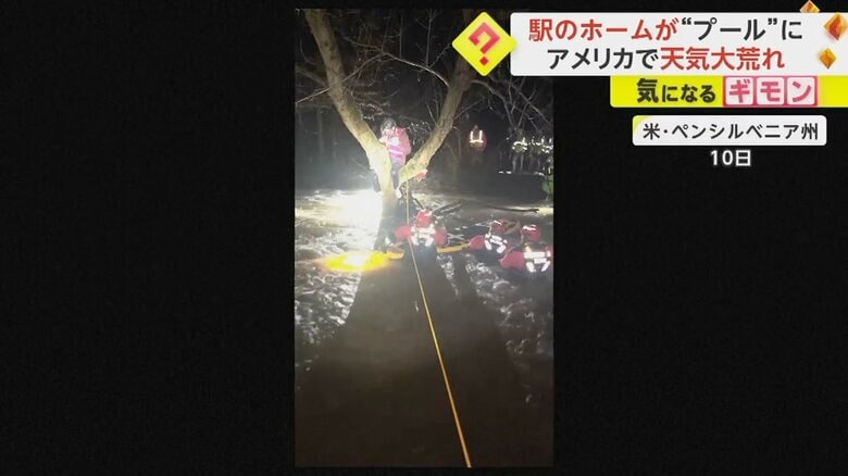 ペンシルベニア州で、木の上に避難した人を救出する様子