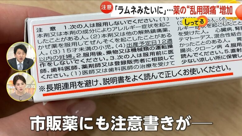 長期の連続した使用は避けるようにと書かれた市販の鎮痛薬の注意書き
