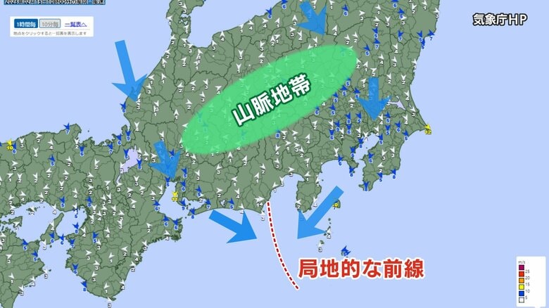 冬の静岡県は局地的な前線ができやすい