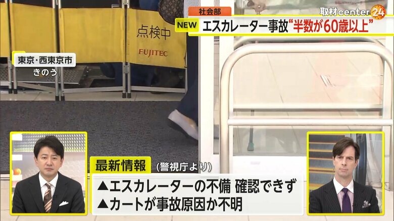 点検中の柵が置かれた東京・西東京市のエスカレーター事故の現場