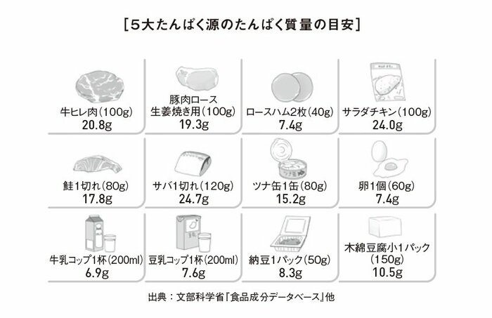5大たんぱく源のたんぱく質量の目安（『疲労回復の習慣』から抜粋）