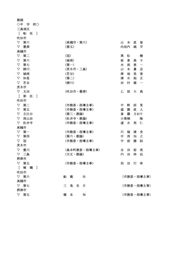 中学校の教頭・転任・新任・解職