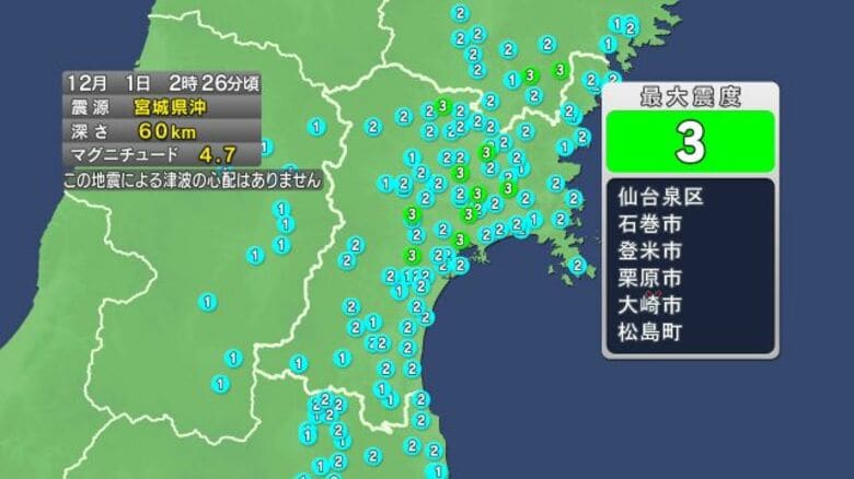 【速報】宮城で震度3　津波の心配なし｜FNNプライムオンライン