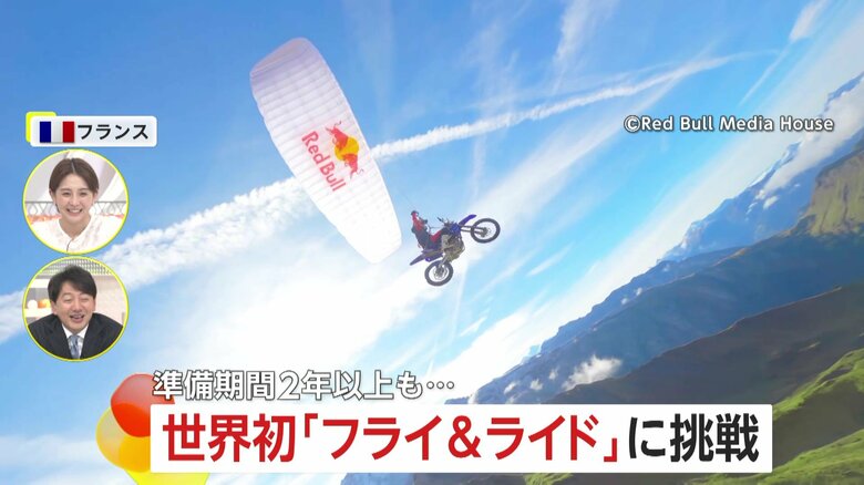 【準備期間2年以上】「超怖かった」39歳男性が世界初チャレンジ　バイクとパラグライダー合体し大空へ…危険な着地も見事成功　フランス｜FNNプライムオンライン