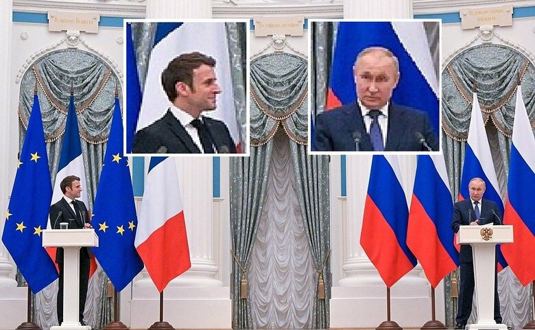 マクロン仏大統領(左)とプーチン露大統領(右)の記者会見(2022年2月7日)