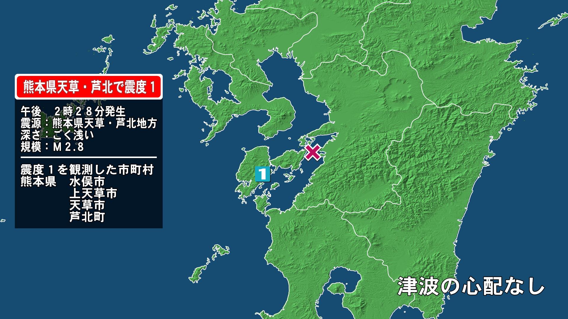 熊本県で最大震度1の地震　熊本県・水俣市、上天草市、天草市、芦北町