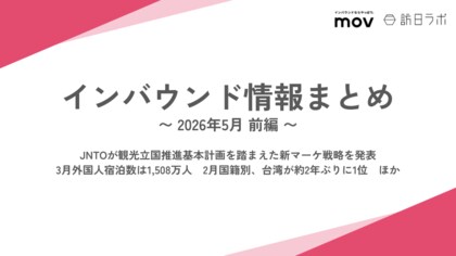 JNTOが観光立国推進基本計画を踏まえた新マーケ戦略を発表 / 3月外国人宿泊数は1,508万人　2月は台湾が約2年ぶりに1位 ほか：インバウンド情報まとめ 「2026年5月前編」を訪日ラボが公開