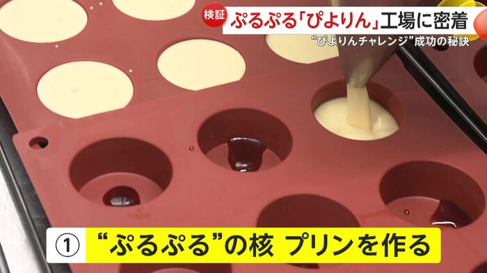キャラメルの入った型に流し込まれるプリン液(映像提供:ジェイアール東海フードサービス)