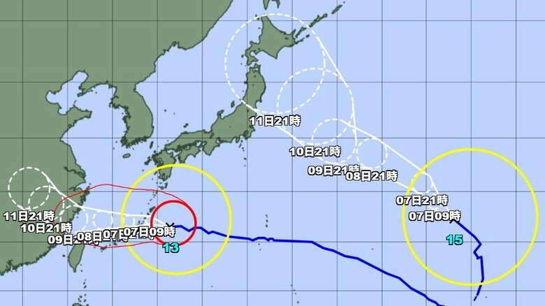 【台風情報】ダブル台風の今後の進路予想は　台風13号は7日午前9時には沖永良部島の東南東約50kmに達する見込み｜FNNプライムオンライン