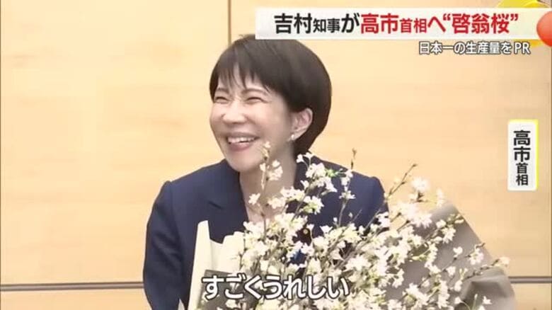 吉村知事が高市首相に「啓翁桜」贈る・日本一の生産量PR　「冬のサクラでひと足早い春楽しんで」　山形｜FNNプライムオンライン