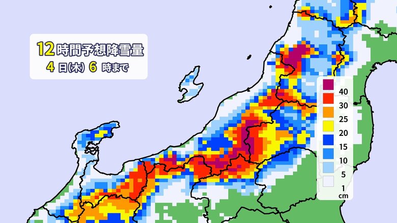 【大雪情報】新潟県の山沿いで“ドカ雪”か…12時間で最大60cmの降雪予想　4日朝にかけて大雪や交通の乱れに警戒「無理な外出は控えて」｜FNNプライムオンライン